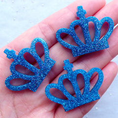 Crown Cabochon with Glitter | Kawaii Decoden Cabochon | Glittery Resin Embellishments | Pop Kei Jewelry Supplies (3pcs / Blue / 35mm x 27mm / Flatback)