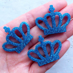 Crown Cabochon with Glitter | Kawaii Decoden Cabochon | Glittery Resin Embellishments | Pop Kei Jewelry Supplies (3pcs / Blue / 35mm x 27mm / Flatback)