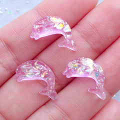 Tiny Dolphin Cabochons with Iridescent Mica Flakes | Marine Life Cabochon | Kawaii Embellishments (3pcs / Pink / 9mm x 17mm / Flatback)