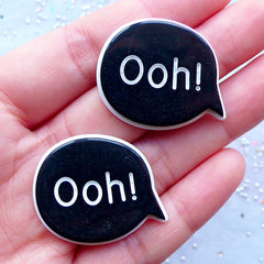 Text Resin Cabochons | Bubble Speech Ooh Cabochon | Kawaii Decoden Pieces | Card Embellishments | Phone Decoration (2 pcs / Black / 32mm x 26mm / Flat Back)