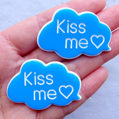 Speech Bubble Cabochons | Kiss Me Word Cabochon | Kawaii Resin Flatback | Card Decoration | Love Embellishments (2pcs / Blue / 44mm x 30mm / Flatback)