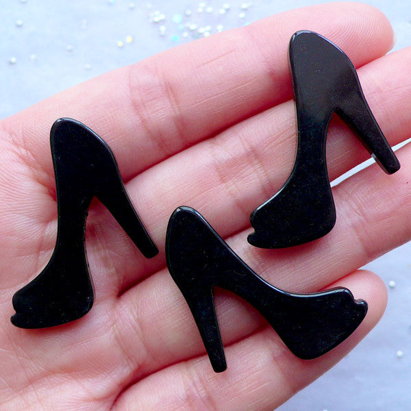 Lady High Heel Cabochons | Women Shoes Embellishments | Resin Cabochon | Kawaii Decoden Supplies | Scrapbooking (3pcs / Black / 29mm x 26mm / Flatback)