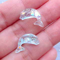 CLEARANCE Small Dolphin Cabochons with Iridescent Mica Flakes | Fish Cabochon | Sea Animal Embellishments | Kawaii Decoden Supplies (3pcs / Blue / 9mm x 17mm / Flatback)