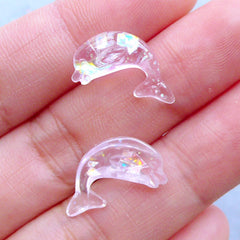 Dolphin Decoden Cabochons with Mica Flakes | Iridescent Resin Cabochon | Kawaii Craft Supplies (3pcs / Light Pink / 9mm x 17mm / Flatback)