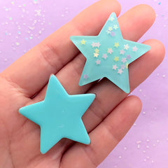 CLEARANCE Kawaii Star Cabochons w/ Star Sequin Glitter Sprinkles Confetti (2pcs / 37mm x 37mm / Blue / Flat Back) Cute Decoration Scrapbooking CAB432