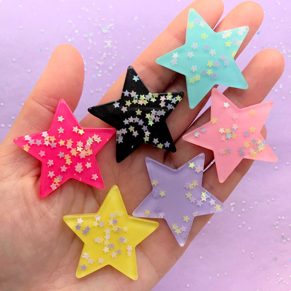 Star Cabochons Mix w/ Star Confetti Sequin Glitter Sprinkles (6pcs / 37mm x 37mm / Assorted Colors / Flat Back) Kawaii Decora Decoden CAB433