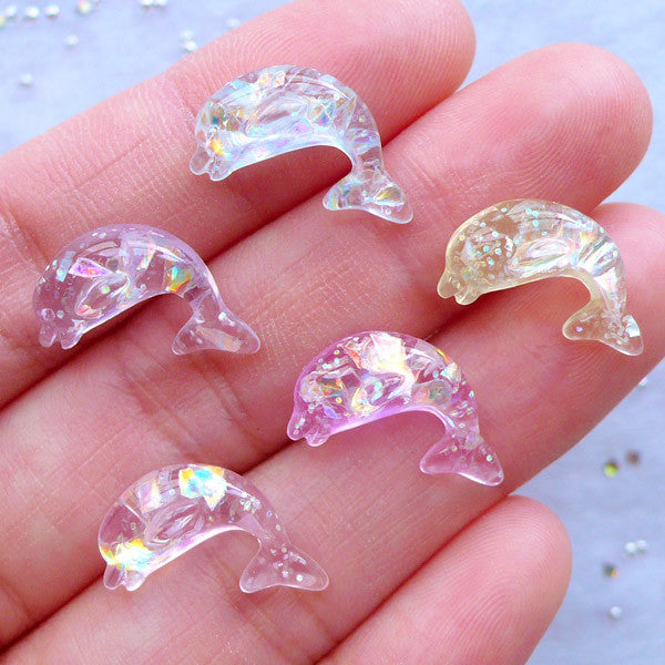 Kawaii Dolphin Cabochons with Mica Flakes | Iridescent Decoden Cabochon | Ocean Animal Embellishment | Resin Pieces (5pcs / Assorted Mix / 9mm x 17mm / Flatback)