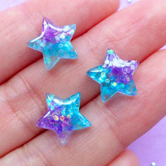 Galaxy Star Cabochons with Glitter | Tiny Decoden Cabochon | Kawaii Phone Case Decoration | Cute Jewelry Supplies (3pcs / Purple Aqua Blue / 12mm x 11mm / Flat Back)