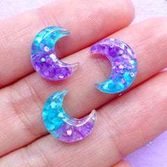 Galaxy Moon Cabochons | Tiny Mini Resin Cabochon | Kawaii Decoden | Magical Girl Jewellery Making | Glittery Embellishments (3pcs / Purple Aqua Blue / 10mm x 12mm / Flat Back)
