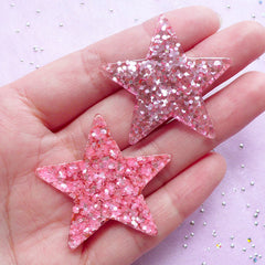 Star Resin Cabochons with Confetti | Decoden Cabochon Supplies (Pink / 2pcs / 39mm x 37mm)