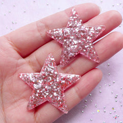 Star Resin Cabochons with Confetti | Decoden Cabochon Supplies (Pink / 2pcs / 39mm x 37mm)