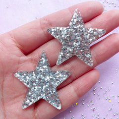 Silver Star Cabochons with Confetti | Decoden Supplies (2pcs / 39mm x 37mm)