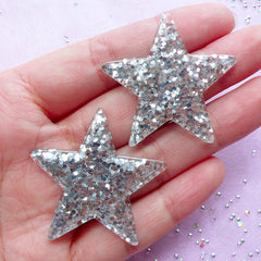 Silver Star Cabochons with Confetti | Decoden Supplies (2pcs / 39mm x 37mm)