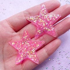 Star Cabochons with Bling AB Confetti | Kawaii Decoden Supplies (Neon Pink / 2pcs / 39mm x 37mm)