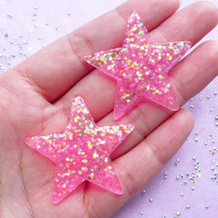 Star Cabochons with Bling AB Confetti | Kawaii Decoden Supplies (Neon Pink / 2pcs / 39mm x 37mm)