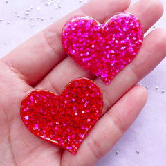 Resin Heart Cabochons with Confetti | Kawaii Cabochon Supplies (Dark Pink / 2pcs / 36mm x 31mm)