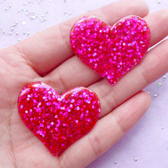 Resin Heart Cabochons with Confetti | Kawaii Cabochon Supplies (Dark Pink / 2pcs / 36mm x 31mm)