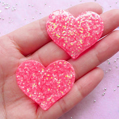 Pink Heart Cabochons with AB Confetti | Kawaii Resin Cabochon Supplies (Neon Pink / 2pcs / 36mm x 31mm)