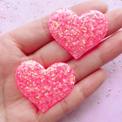 Pink Heart Cabochons with AB Confetti | Kawaii Resin Cabochon Supplies (Neon Pink / 2pcs / 36mm x 31mm)