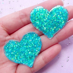 Heart Resin Cabochons with AB Confetti | Decoden Cabochon Supplies (Teal Blue Green / 2pcs / 36mm x 31mm)