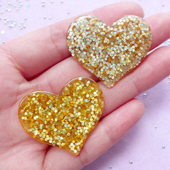 Gold Heart Cabochons with Confetti | Decoden Phone Case Supplies (2pcs / 36mm x 31mm)