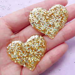 Gold Heart Cabochons with Confetti | Decoden Phone Case Supplies (2pcs / 36mm x 31mm)