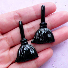 Witch Broom Cabochons | Kawaii Goth Jewelry Making | Sweet Gothic Decoden Supplies (Black / 2 pcs / 22mm x 38mm)
