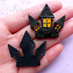 Haunted House Cabochons | Halloween Ghost Mansion | Sweet Gothic Jewelry DIY | Kawaii Goth Decoden Supplies (Black / 2 pcs / 35mm x 32mm)