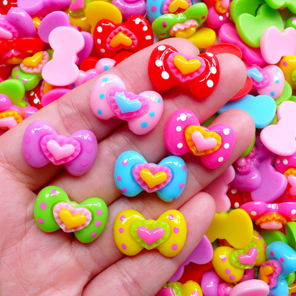 CLEARANCE Decora Decoden Cabochons | Colorful Bow with Heart Cabochons | Kawaii Hair Bow Centers | Toddler Hair Accessories Making (4 pcs by Random / 20mm x 13mm)