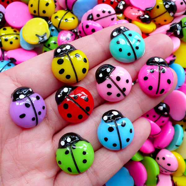 Kawaii Ladybug Cabochons | Colorful Beetle Insect Resin Cabochon | Baby Shower Table Decoration | Toddler Hair Accessories DIY (4 pcs by Random / 16mm x 17mm)