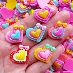 Kawaii Heart Cabochons in Polka Dot Pattern | Colorful Resin Hearts | Decoden Pieces (4 pcs by Random / 23mm x 19mm)