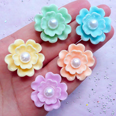 Pastel Flower with Pearl Cabochons | Assorted Floral Resin Cabochon | Hair Bow Center | Kawaii Fairy Kei Accessories Making (5 pcs / Pastel Color Mix / 27mm)