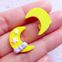 Crescent Moon with Star & Bow Cabochons | Kawaii Resin Cabochon | Hair Bow Center | Fairy Kei Jewelry Making (2 pcs / Yellow / 15mm x 19mm)