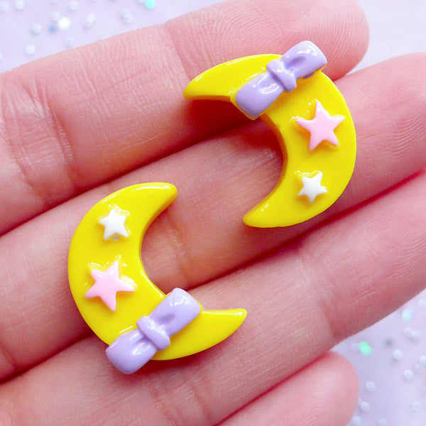 Crescent Moon with Star & Bow Cabochons | Kawaii Resin Cabochon | Hair Bow Center | Fairy Kei Jewelry Making (2 pcs / Yellow / 15mm x 19mm)
