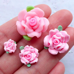 Polymer Clay Flower Cabochon | Floral Embellishments | Decoden Pieces | Phone Case Decoration | Fimo Jewellery Making (4pcs / Pink / 9mm, 13mm, 16mm & 21mm)