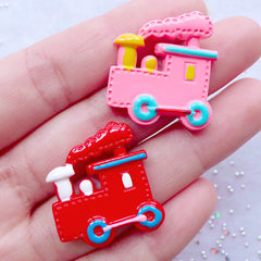 CLEARANCE Steam Locomotive Train Cabochon | Kawaii Resin Cabochons | Decoden Pieces | Baby Shower Decor | Kid Toy Cabochon | Flat Back Embellishments (2 pcs / Pink & Red / 23mm x 25mm)