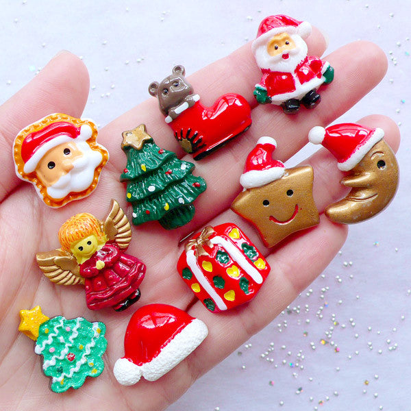 Christmas Cabochon Assortment | Kawaii Holiday Decoration | Christmas Decoden | Christmas Embellishments | Scrapbook | Card Making | Party Supplies | Table Scatter (10pcs / Mix / 19mm to 25mm / Flatback)