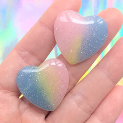 Glittery Heart Cabochon in Rainbow Gradient Color | Shimmer Pastel Galaxy Heart Cabochon with Glitter | Kawaii Decoden Supplies | Fairy Kei Phone Case Decoration (2pcs / Pink Yellow Green Blue / 28mm x 27mm / Flat Back)