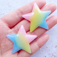 Glittery Star Cabochon in Pastel Gradient Color | Shimmer Rainbow Galaxy Star Cabochon with Glitter | Kawaii Fairy Kei Supplies | Decoden Phone Case (2pcs / Pink Yellow Green Blue / 40mm x 38mm / Flat Back)