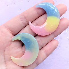 Pastel Rainbow Gradient Moon Cabochons | Shimmer Moon Cabochon with Glitter | Glittery Decoden Pieces | Fairy Kei Jewelry Making | Kawaii Galaxy Phone Case (2pcs / Pink Yellow Green Blue / 33mm x 39mm / Flat Back)