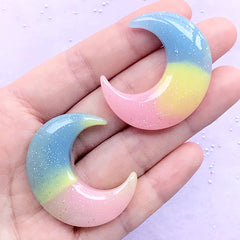 Pastel Rainbow Gradient Moon Cabochons | Shimmer Moon Cabochon with Glitter | Glittery Decoden Pieces | Fairy Kei Jewelry Making | Kawaii Galaxy Phone Case (2pcs / Pink Yellow Green Blue / 33mm x 39mm / Flat Back)