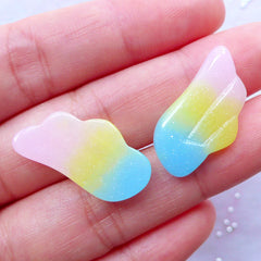 Pastel Gradient Angel Wing Cabochons with Glitter | Kawaii Rainbow Galaxy Cabochon | Shimmer Decoden Pieces | Fairy Kei Jewelley DIY | Glittery Phone Case Decoration (2pcs / Pink Yellow Blue / 13mm x 24mm / Flat Back)