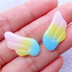 Pastel Gradient Angel Wing Cabochons with Glitter | Kawaii Rainbow Galaxy Cabochon | Shimmer Decoden Pieces | Fairy Kei Jewelley DIY | Glittery Phone Case Decoration (2pcs / Pink Yellow Blue / 13mm x 24mm / Flat Back)