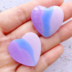 Shimmer Pastel Gradient Heart Cabochon with Glitter | Glittery Rainbow Galaxy Heart Cabochons | Pastel Kei Decoden Supplies | Kawaii Crafts (2pcs / Pink Blue Purple / 28mm x 27mm / Flat Back)