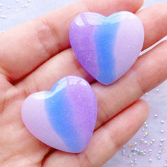 Shimmer Pastel Gradient Heart Cabochon with Glitter | Glittery Rainbow Galaxy Heart Cabochons | Pastel Kei Decoden Supplies | Kawaii Crafts (2pcs / Pink Blue Purple / 28mm x 27mm / Flat Back)