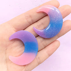 Galaxy Moon Cabochons with Glitter | Mahou Kei Cabochons | Shimmer Rainbow Gradient Moon Cabochon | Glittery Pastel Decoden Phone Case | Kawaii Fairy Kei Cabochons (2pcs / Pink Blue Purple / 33mm x 39mm / Flat Back)