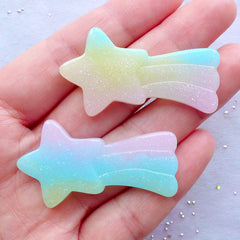 Rainbow Gradient Shooting Star Cabochons with Glitter | Galaxy Shimmer Decoden Cabochon | Glittery Pastel Kei Cabochon | Kawaii Craft Supplies (2pcs / Pink Yellow Blue / 25mm x 44mm / Flat Back)