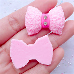 Decoden Supplies | Rhinestone Bow Cabochons in Furry Texture | Kawaii Resin Bow Cabochons | Phone Case Decoration | Cute Jewellery Making (2pcs / Pink / 33mm x 23mm / Flat Back)