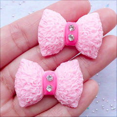 Decoden Supplies | Rhinestone Bow Cabochons in Furry Texture | Kawaii Resin Bow Cabochons | Phone Case Decoration | Cute Jewellery Making (2pcs / Pink / 33mm x 23mm / Flat Back)