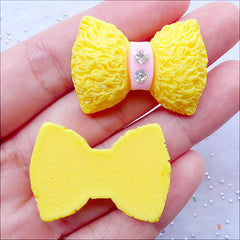 Kawaii Cabochon Supplies | Furry Bow Resin Cabochons with Rhinestones | Decoden Phone Case | Ribbon Cabochons | Cute Embellishments (2pcs / Yellow / 33mm x 23mm / Flat Back)